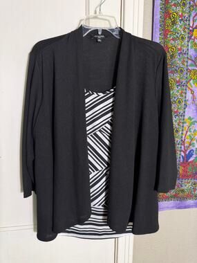 Notations Woman 1X Black White Striped 2 in 1 Layered Cardigan Top Plus